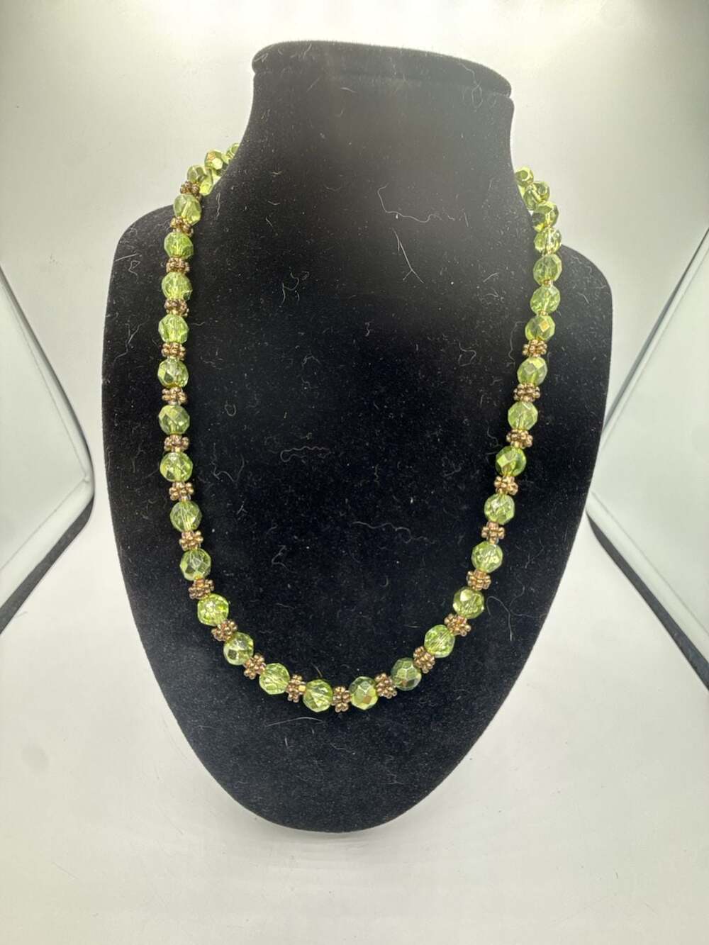 Faceted Light Green Crystal Bead Necklace with Gold-Tone Spacer Accents